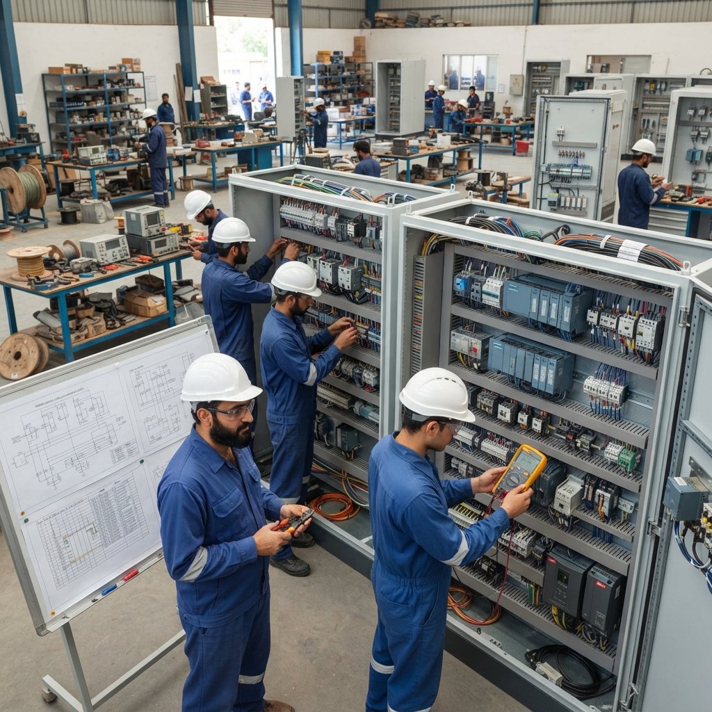 Engineers assembling industrial control panels
