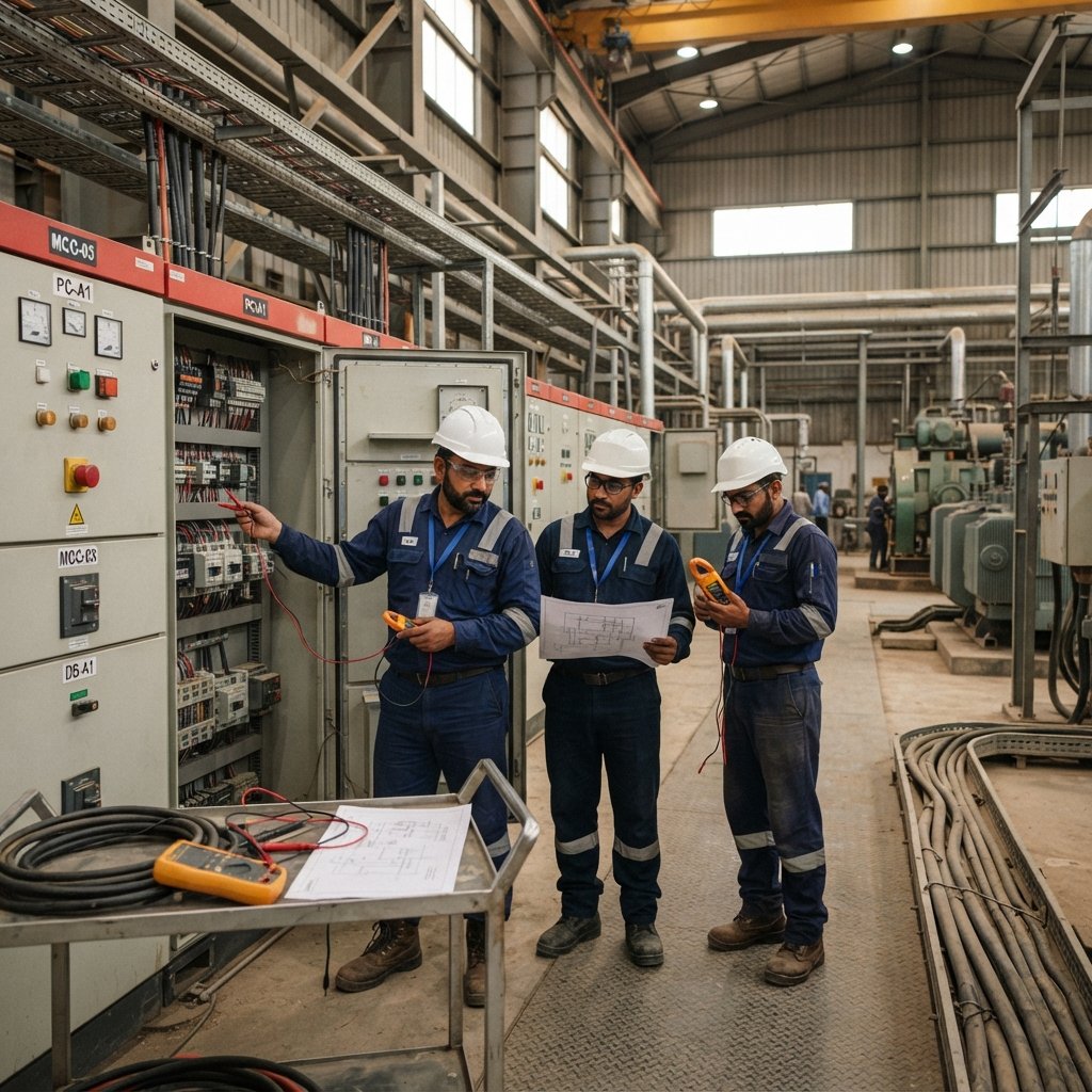 Engineers inspecting electrical equipment