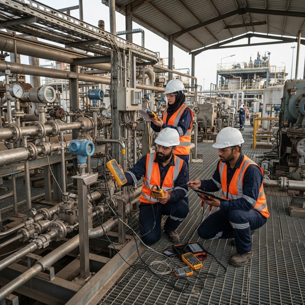 Engineers inspecting industrial instrumentation