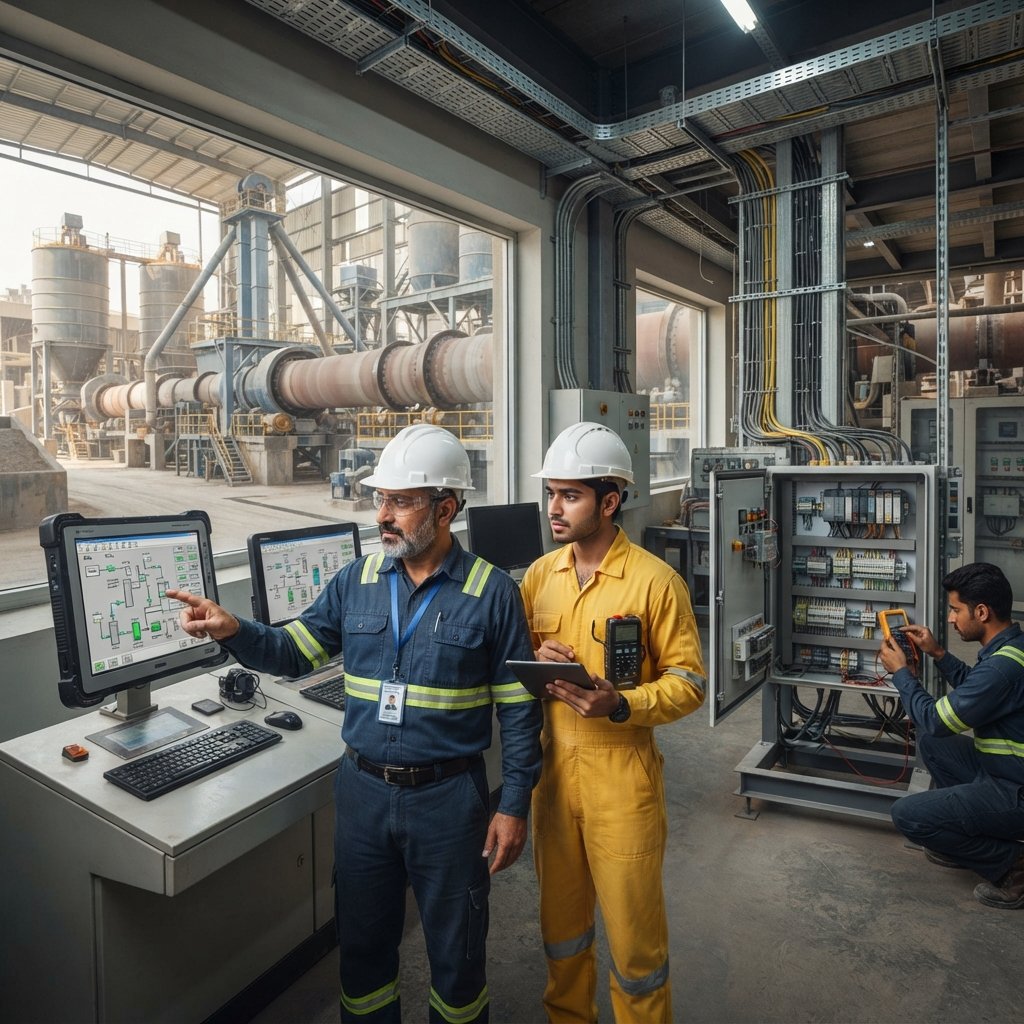 Engineers operating industrial automation controls