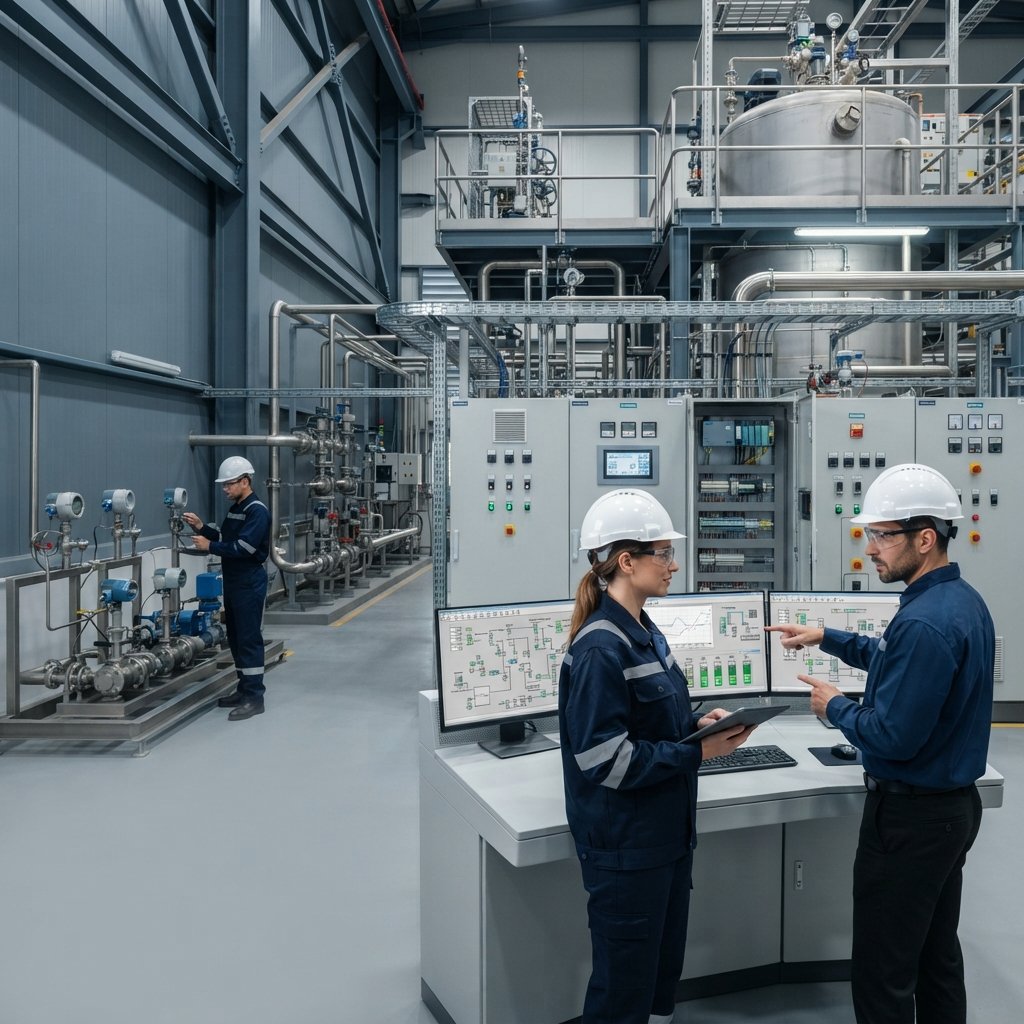 Engineers working in an industrial automation facility